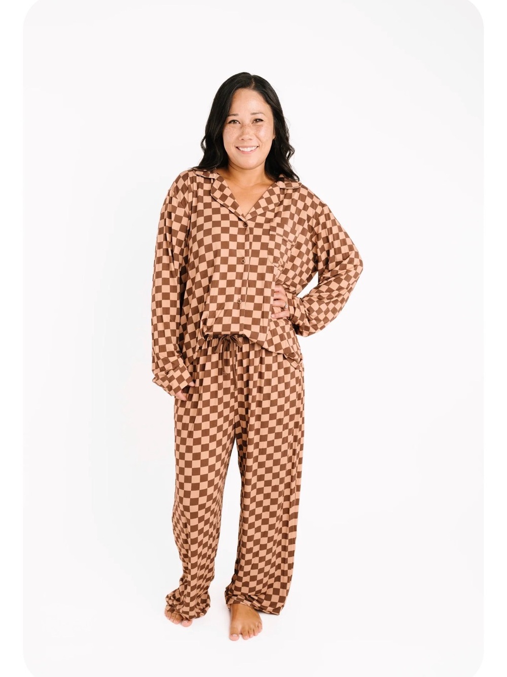 Little One Shop Espresso Checkered Women's Button Up Long Sleeve Set
